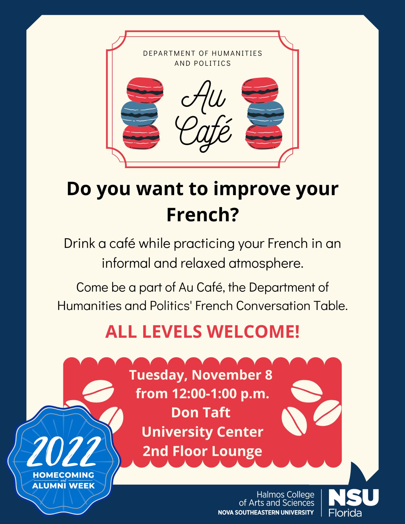 2022 Au Cafe flyer inviting those who want to practice their French conversation skills