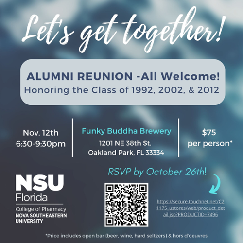 Pharmacy Class of 1992 and 2002 Reunion flyer inviting people to attend