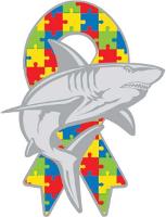 Shark over a ribbon with puzzle pieces.