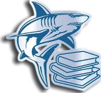 Shark with pile of books.