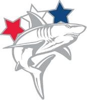 Red, white, and blue stars behind shark.